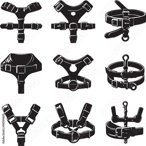 Black and White Vector Illustration of Various Leather Harness Designs: Dog Harnesses, Body Harnesses, and Fashion Harnesses in Detailed Style