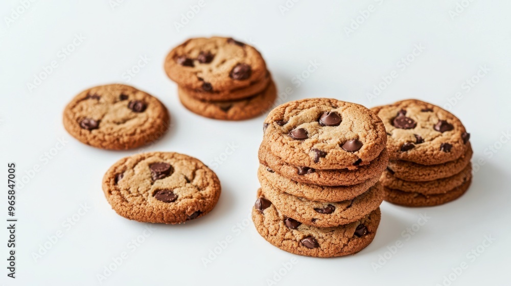 Chocolate chip cookies on white background. Sweet biscuits. Homemade pastry. Chocolate chip cookies on white background. Sweet biscuits. Homemade pastry.