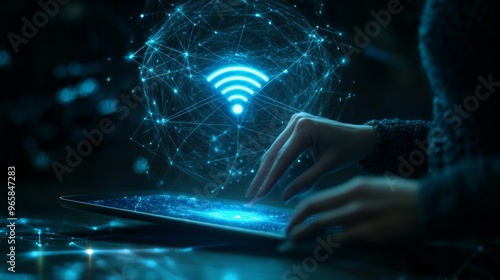 Futuristic Wireless Connectivity. Holographic Wi-Fi Interaction in a High-Tech World photo