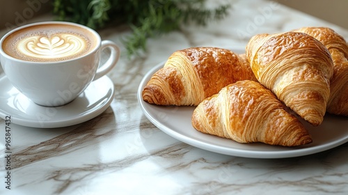 Elegant Breakfast Setting Featuring Coffee and Freshly Baked Croissants on a Marble Tabletop for Luxurious Morning Experiencers photo