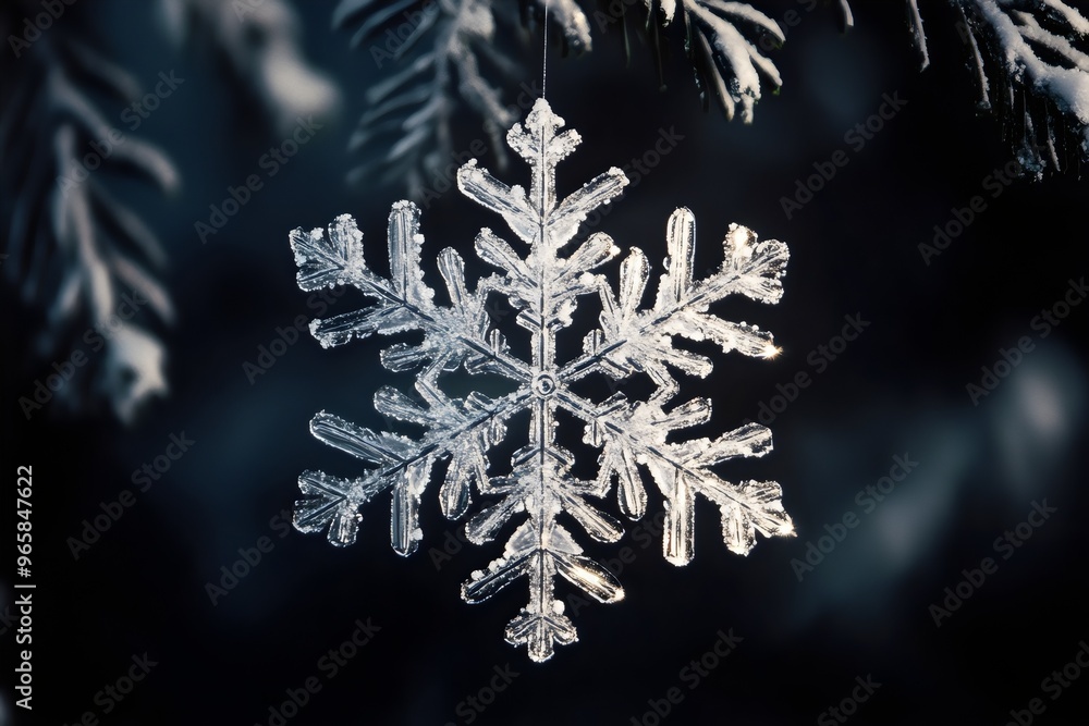 Closeup background of crystal sparkling snowflake hanging from the snowy branch of a pine tree Closeup background of crystal sparkling snowflake hanging from the snowy branch of a pine tree