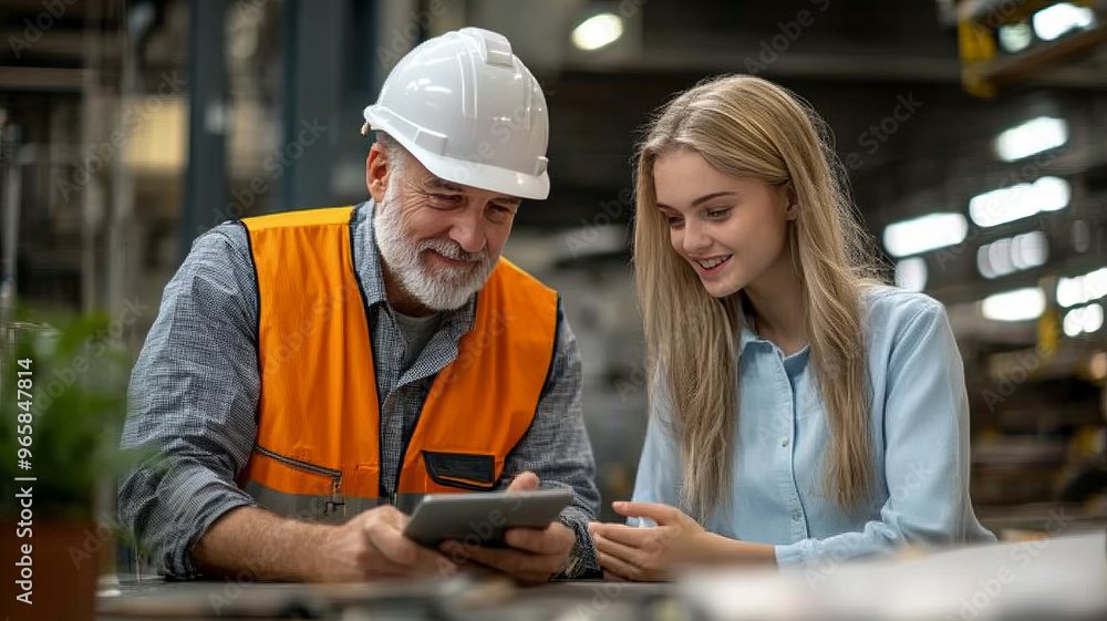 A bearded worker and a young professional smile, discussing plans on a tablet. A bearded worker and a young professional smile, discussing plans on a tablet.