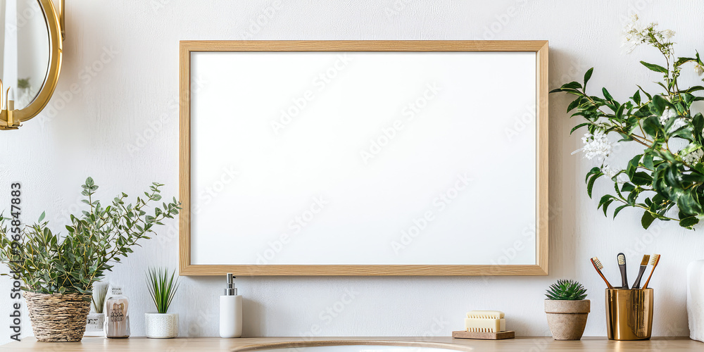 Mock up white blank painting in wooden frame, cozy modern minimal bathroom interior background. Template for the picture Mock up white blank painting in wooden frame, cozy modern minimal bathroom interior background. Template for the picture