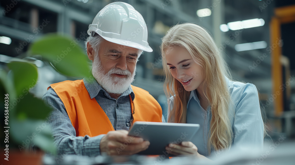 A bearded worker and a young professional smile, discussing plans on a tablet. A bearded worker and a young professional smile, discussing plans on a tablet.