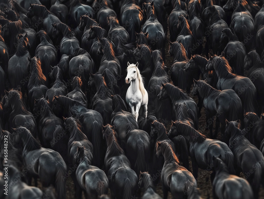 Obraz premium Different, a large group of black horses facing one direction with one white horse facing the other