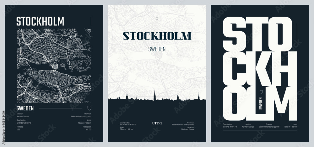 Φωτογραφία Set of travel posters with Stockholm, detailed urban street plan city map, Silho