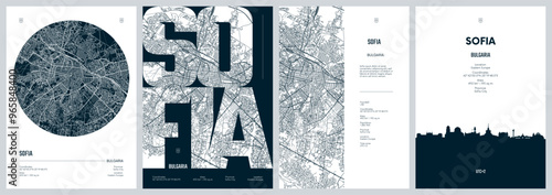 Set of travel posters with Sofia, detailed urban street plan city map, Silhouette city skyline, vector artwork