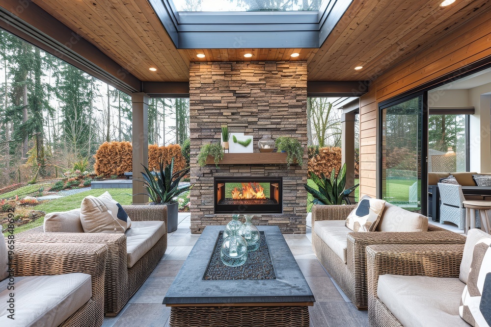 Modern outdoor patio with stone fireplace, wicker furniture, glass accents, and skylight, featuring wood panel walls and sliding door. Modern outdoor patio with stone fireplace, wicker furniture, glass accents, and skylight, featuring wood panel walls and sliding door.
