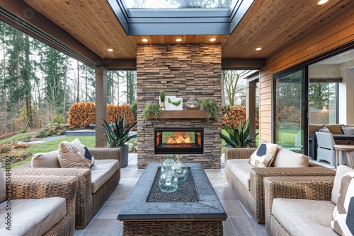 Wallpaper Mural Modern outdoor patio with stone fireplace, wicker furniture, glass accents, and skylight, featuring wood panel walls and sliding door. Torontodigital.ca