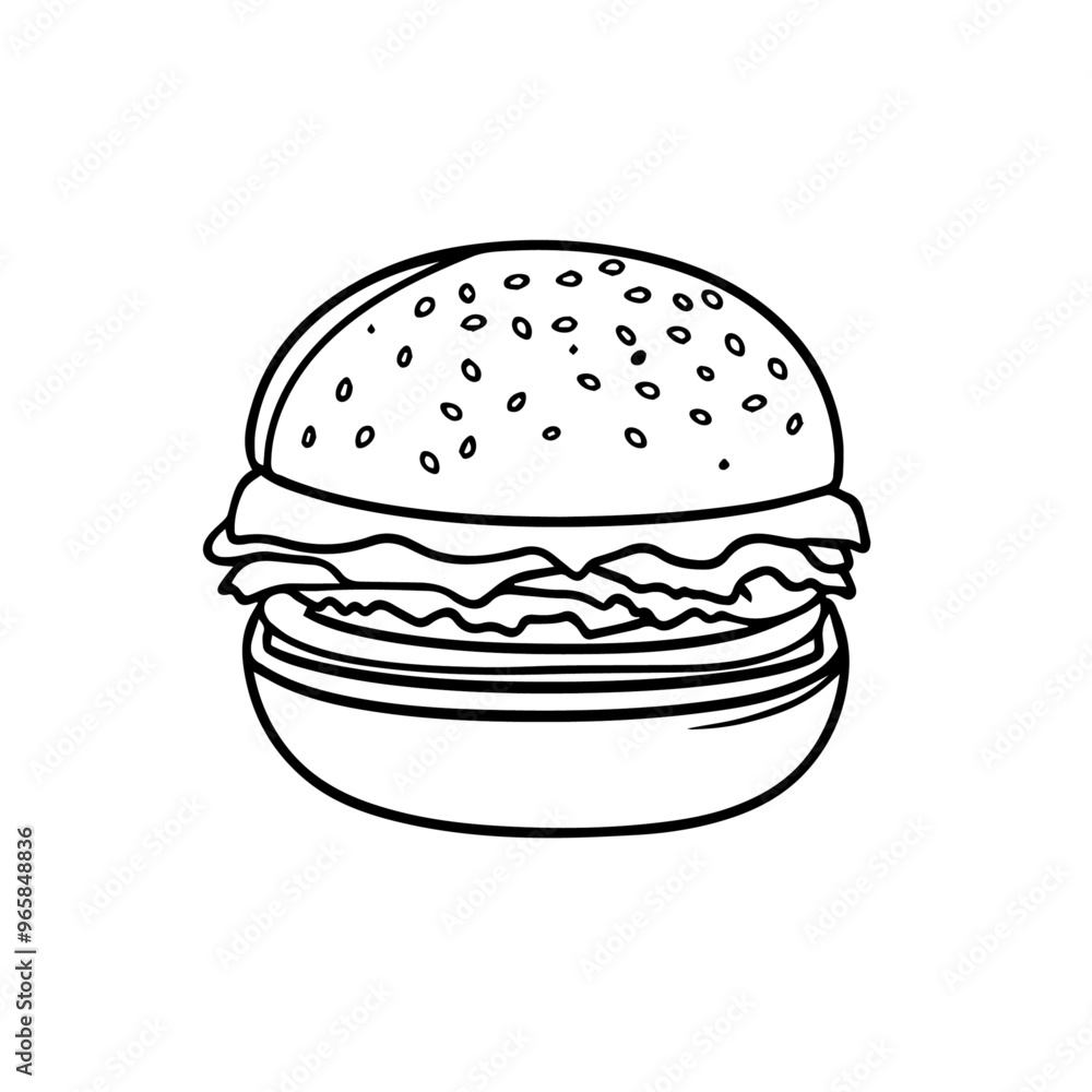 Veggie Burger with Lettuce, Tomato, and Avocado – Black Outline Vector Illustration Perfect for Vegetarian Menus and Healthy Food Promotions Veggie Burger with Lettuce, Tomato, and Avocado – Black Outline Vector Illustration Perfect for Vegetarian Menus and Healthy Food Promotions