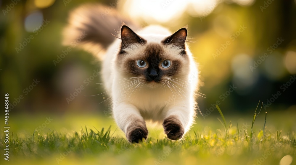 A playful cat running through grass during golden hour. A playful cat running through grass during golden hour.