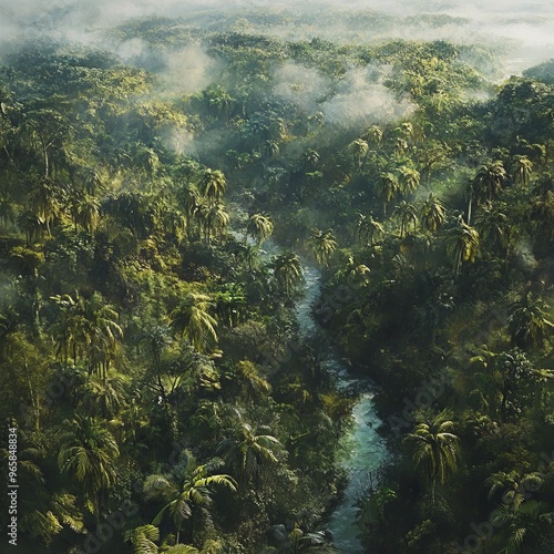 Aerial view of a lush tropical rainforest with a winding river flowing through it.