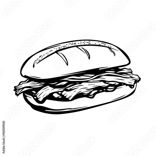 Beef Brisket Sandwich with BBQ Sauce – Black Outline Vector Illustration for American Diner Menus and Fast Food