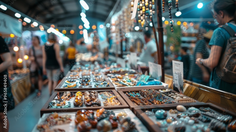Handmade jewelry and crafts on display at a vibrant market Handmade jewelry and crafts on display at a vibrant market