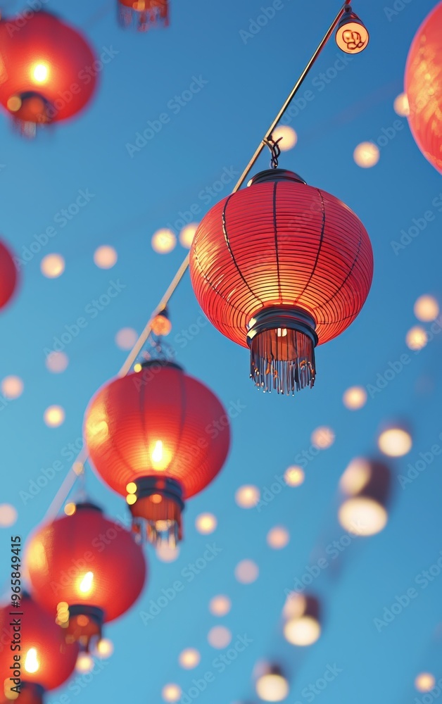 Obraz premium Red lanterns glow against blue sky