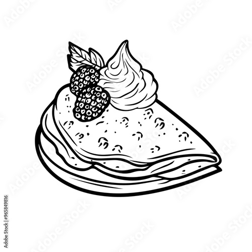 Crepe with Berries and Whipped Cream – Black Outline Vector Illustration Ideal for French Cafe Menus and Dessert Branding