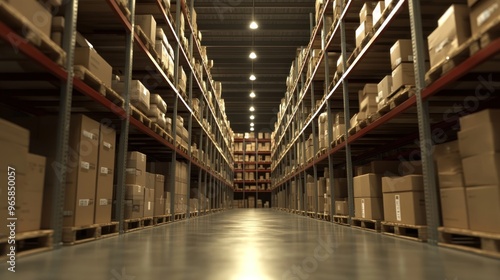 Modern Warehouse interior with Stacked Goods on Shelves.