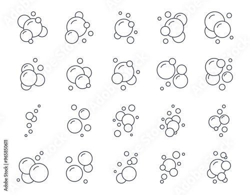 Vector icons soap bubbles. Simple foamy water symbols with round shapes. Laundry detergent gel, washing and cleaning. Sea foam, gas molecules, oxygen. Editable stroke line set signs.