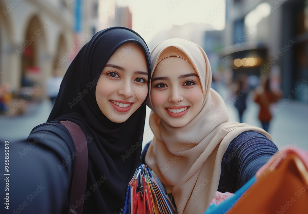 Two women wearing black and tan head scarves are smiling for a picture. They are holding shopping bags and seem to be enjoying their time together Two women wearing black and tan head scarves are smiling for a picture. They are holding shopping bags and seem to be enjoying their time together
