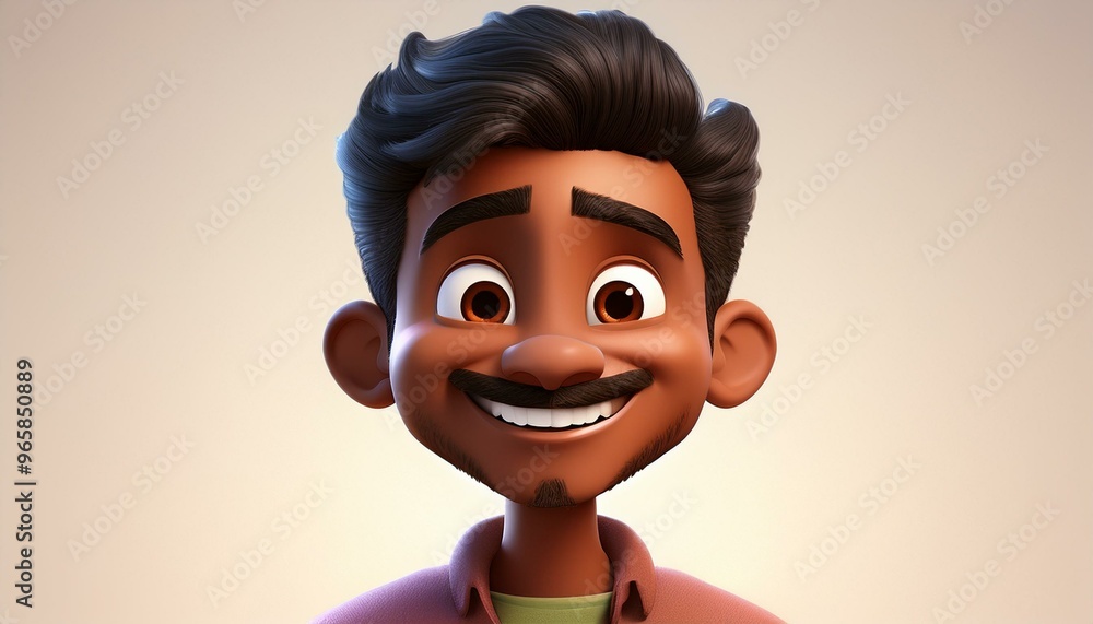 Happy Smiling Indian Cartoon Character 3D Style Young Adult Man Portrait, Bright Joyful Expressions, Laughter and Positive Feelings, Light Background, People Emotions, Human Happiness Concept Happy Smiling Indian Cartoon Character 3D Style Young Adult Man Portrait, Bright Joyful Expressions, Laughter and Positive Feelings, Light Background, People Emotions, Human Happiness Concept