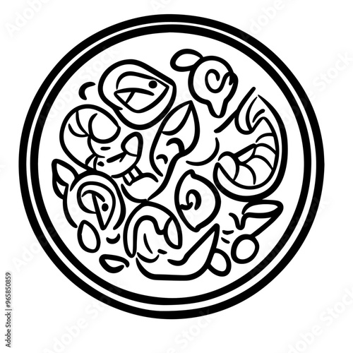 Seafood Paella – Black Outline Vector Illustration for Spanish Restaurant Menus and Seafood Dishes