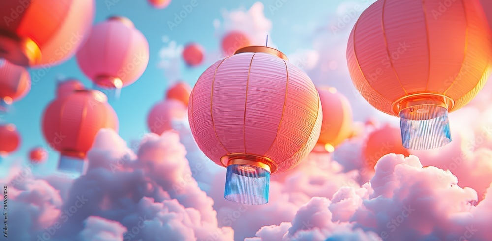 Obraz premium Pink lanterns float in sky