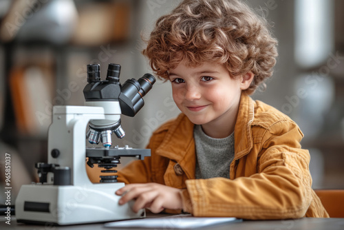 A happy child using a microscope at home, looking happy and smiling, looking at this shot, sitting at the table doing science experiments or playing games,