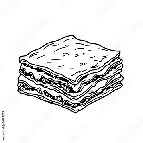 Slice of Lasagna with Cheese and Meat – Black Outline Vector Illustration with Transparent Background
