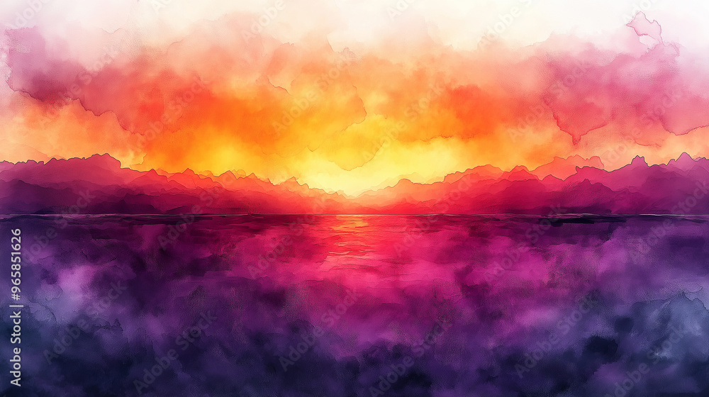 A painting of a sunset with a purple and orange sky A painting of a sunset with a purple and orange sky