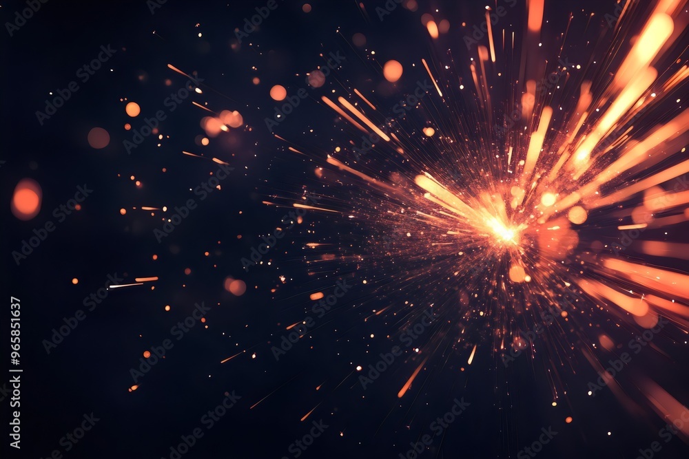 Obraz premium Shiny orange sparkles exploding from center against dark background with copy space for design and decoration