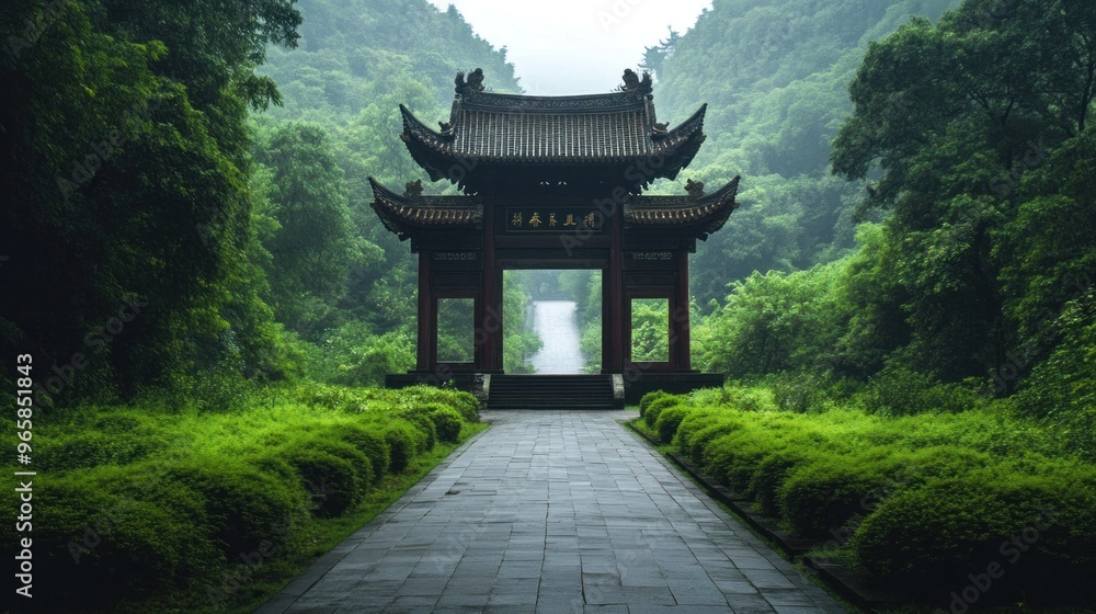 Obraz premium Majestic Entrance Gate of a Traditional Chinese Temple Amidst Lush Greenery