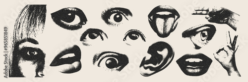  Eyes, lips, and a face with a monochrome effect of grainy halftone and dotted lines.Elements for the design of collages in the grunge-punk style. Vector illustration.