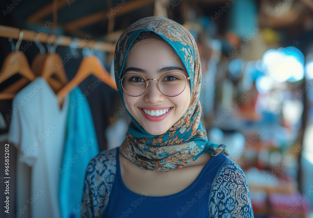 A smiling woman wearing glasses and a blue scarf. She is smiling and looking at the camera. Concept of happiness and warmth A smiling woman wearing glasses and a blue scarf. She is smiling and looking at the camera. Concept of happiness and warmth