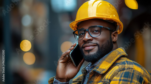 a black man construction worker outside making a phone call on cell phone on a sunny day