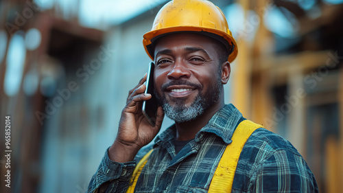 a black man construction worker outside making a phone call on cell phone on a sunny day