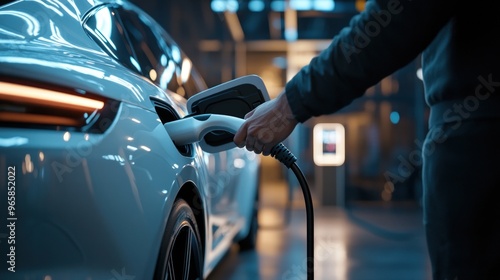 Electric car charging at home garage.