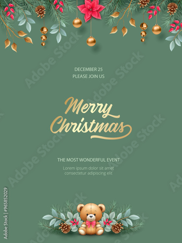 Minimalistic Christmas and New Year poster. Elegant Christmas poster with cute teddy bear and Christmas bells