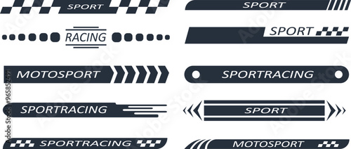 Sports racing stripes. Sports car, moto, boat stickers, striped vehicle tuning bars flat vector illustration set. Tuning racing sport decals on white background