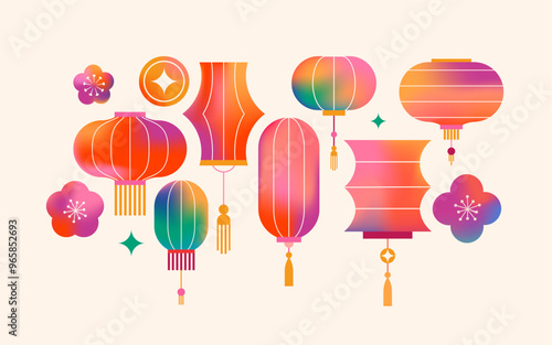 Chinese New Year icons, symbols and decorations. Abstract linear design, illustrations. Line art lanterns, flowers, clouds and frames. Collection of modern minimalist illustrations