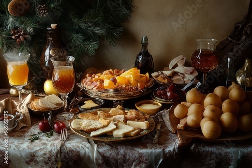 malta's mnarja, a still life of a festive table setting with traditional maltese foods, such as fenkata and ä§obå¼ malti photo