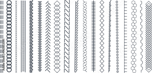 Vertical seamless stitches. Black embroidery zigzag, line and fringe border stitch patterns for textile design, sewing elements. Vector isolated set. Sewing machine endless seam, stitching dividers