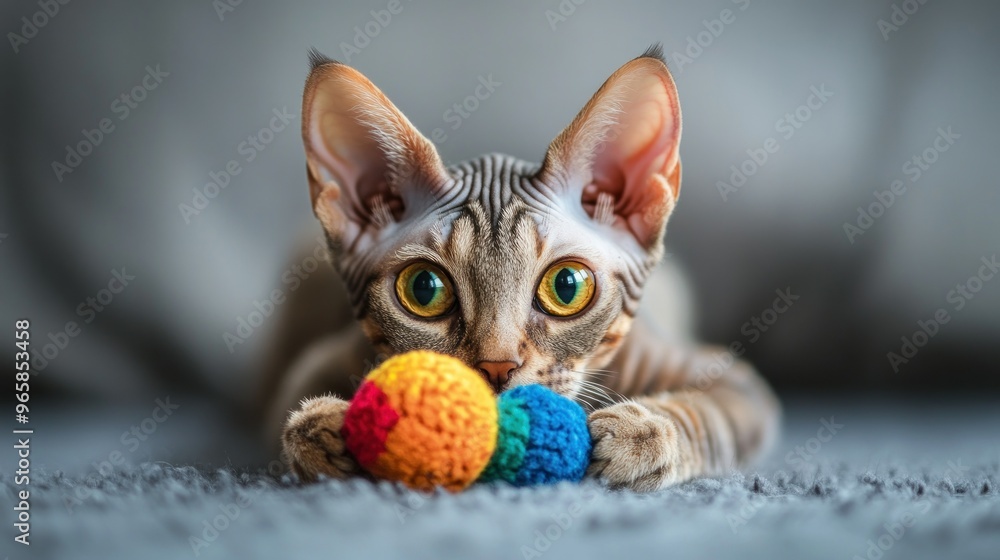 A playful cat with colorful yarn balls in a cozy setting. A playful cat with colorful yarn balls in a cozy setting.