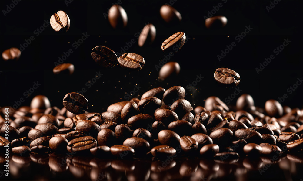 Coffee beans fall onto a pile of other beans against a black background Coffee beans fall onto a pile of other beans against a black background