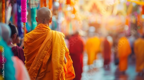 Vibrant Monk in Colorful Festival Procession Celebrating Cultural and Spiritual Heritage