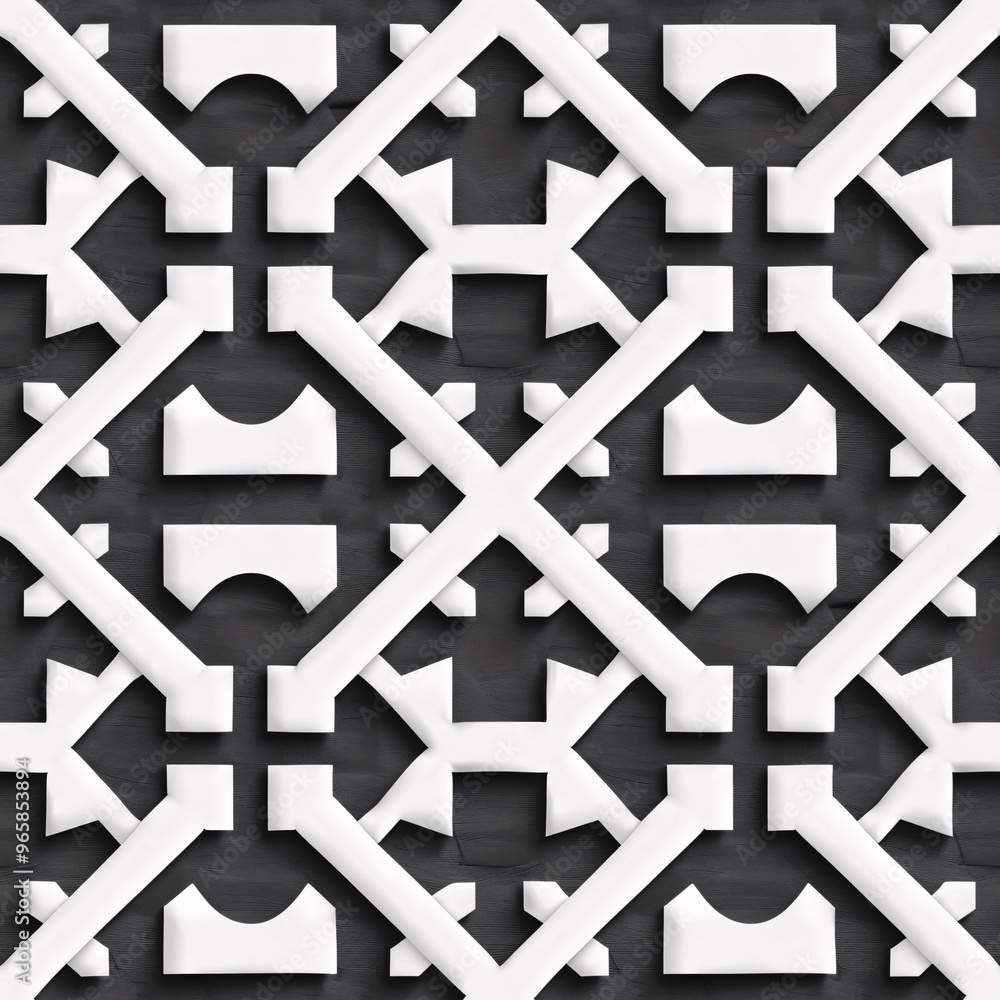 Obraz premium Geometric Lattice on Charcoal: A seamless pattern of white geometric latticework casts striking shadows on a charcoal backdrop, creating a bold and modern design. 