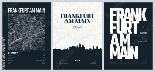 Set of travel posters with Frankfurt am Main, detailed urban street plan city map, Silhouette city skyline, vector artwork, set 2