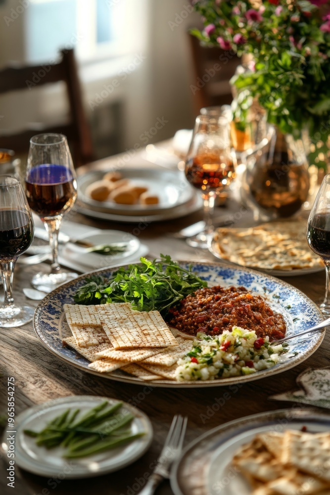 usa, passover, a seder plate with charoset, maror, and matzah, on a beautifully set table usa, passover, a seder plate with charoset, maror, and matzah, on a beautifully set table