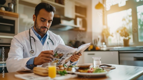A doctor sitting at a kitchen table, enjoying a healthy breakfast sandwich and reading a magazine 
