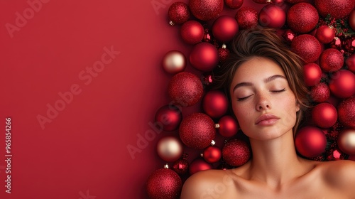 A peaceful young woman lies with her eyes closed, surrounded by numerous red Christmas ornaments, evoking tranquility and holiday spirit in an artistic, festive setting.