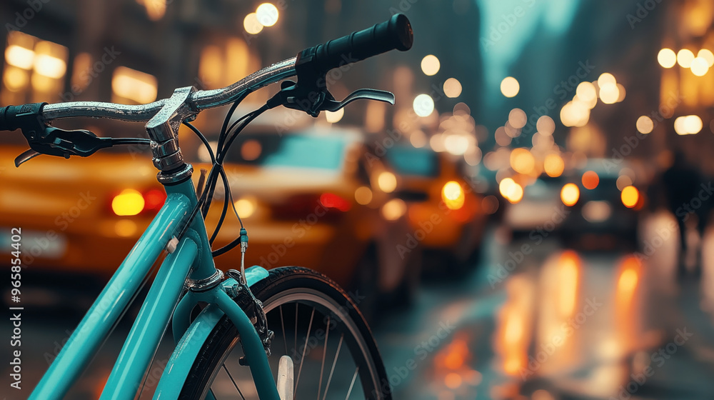 Close-up of a bicycle handlebar and front wheel in focus with a blurred urban street scene in the background featuring cars and bright city lights. Close-up of a bicycle handlebar and front wheel in focus with a blurred urban street scene in the background featuring cars and bright city lights.